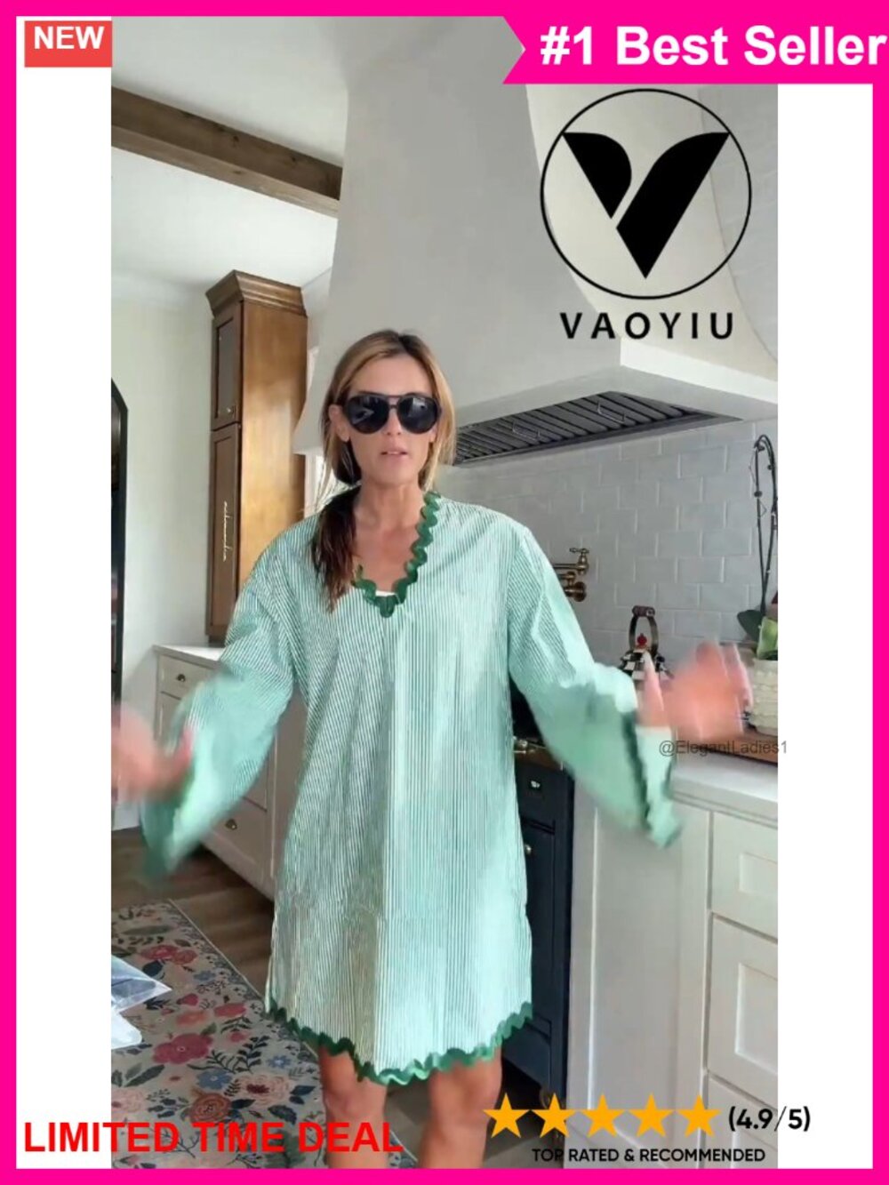 VAOYIU Boho Striped V Neck Flare Sleeve Mini Dress Wavy Trim Beach Coverup - Picture 6 of 6